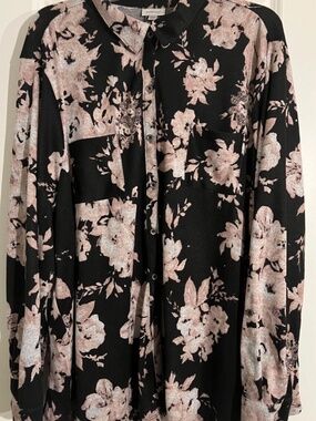 Avenue Blouse Top Size 30/32 Plus Floral Collared Button Up Roll Tab Long Sleeve